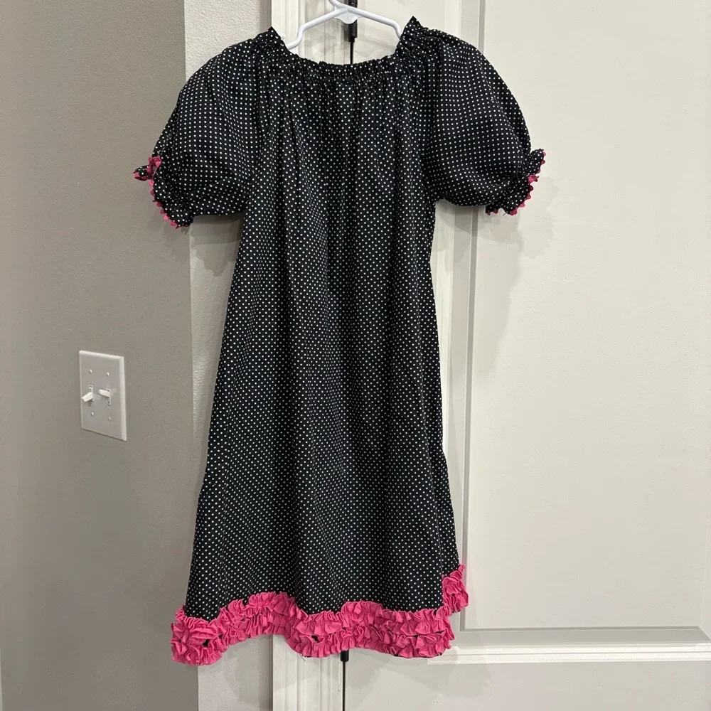 Stellybelly black and white polka dot short sleeve dress owl appliqué girls 6 GC